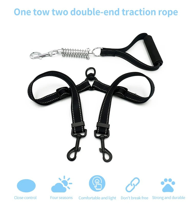 Retractable Reflective Double Leashes for two Large Dogs Harness Spring Padded Handle Accessories